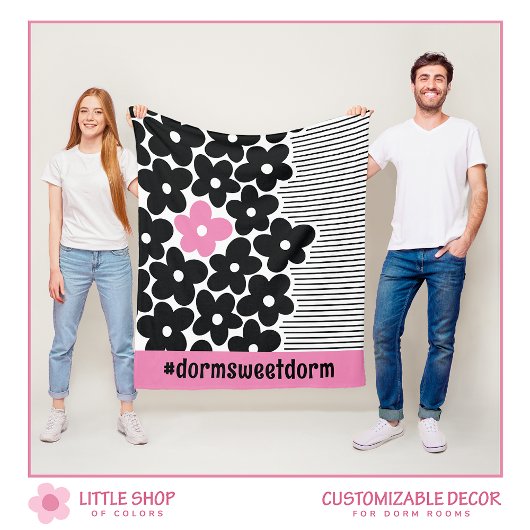 Moderne Roze en Zwarte Bloemen Dorm Kamer Fleece Deken