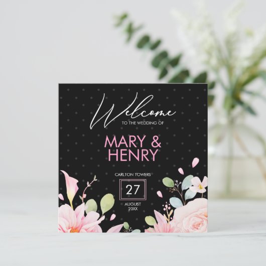 Moderne roze en zwarte bruiloft kaart (Staand voorkant)