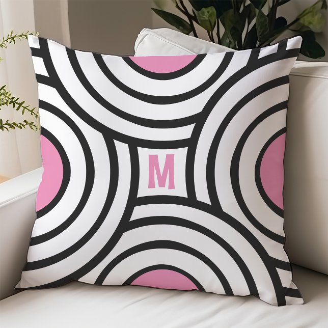 Moderne Roze en Zwarte Cirkels Monogram Dorm Room Kussen (Creator heeft geüpload)
