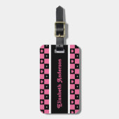 Moderne roze en zwarte ingecheckte harten met naam bagagelabel (Voorkant verticaal)
