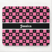 Moderne roze en zwarte ingecheckte harten met naam muismat (Voorkant)