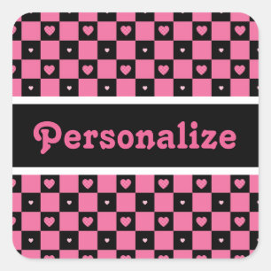 Moderne roze en zwarte ingecheckte harten met naam vierkante sticker