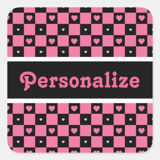 Moderne roze en zwarte ingecheckte harten met naam vierkante sticker (Voorkant)