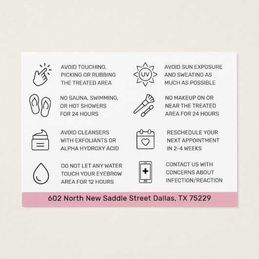 Moderne roze Eyebrow Tint Aftercare Kaart (Achterkant)