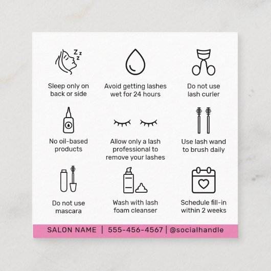 Moderne roze Eyelash Extensions Lash Aftercare Vierkante Visitekaartje (Achterkant)
