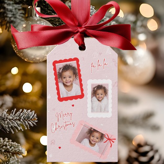 Moderne Roze 'Fa La La' Foto Kerstmis Cadeaulabel