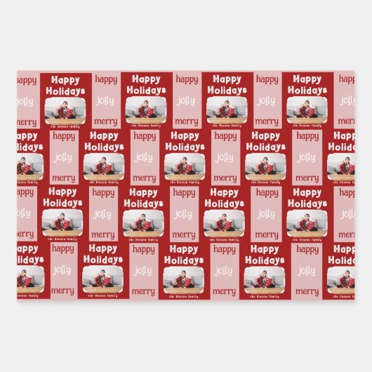 Moderne roze familie met kerstfeest inpakpapier vel (Voorkant)