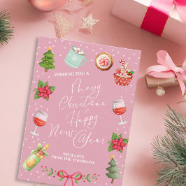 Moderne Roze Festieve Vrolijke Kerst en Nieuwjaar Feestdagenkaart
