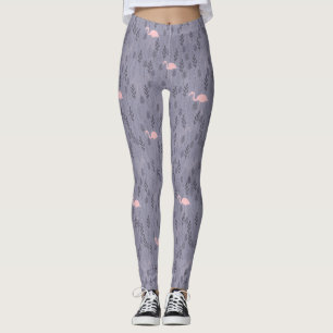 Moderne Roze Flamingo Donkerpaarse Bloemige Gebloe Leggings