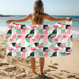 Moderne Roze Flamingo Geometrische Meisjesachtige Strandlaken