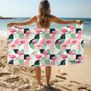 Moderne Roze Flamingo Geometrische Meisjesachtige Strandlaken