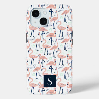 Moderne Roze Flamingo's Monogram iPhone 15 Case