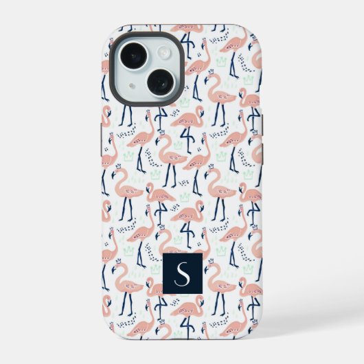 Moderne Roze Flamingo's Monogram iPhone 15 Case (Achterkant)