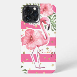 Moderne Roze Flamingo's Tropisch Bloemmotief Perso iPhone 13 Pro Max Hoesje