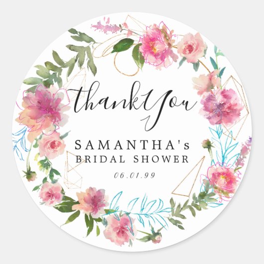 Moderne Roze Flora en Gouden Vrijgezellenfeest Ronde Sticker (Voorkant)