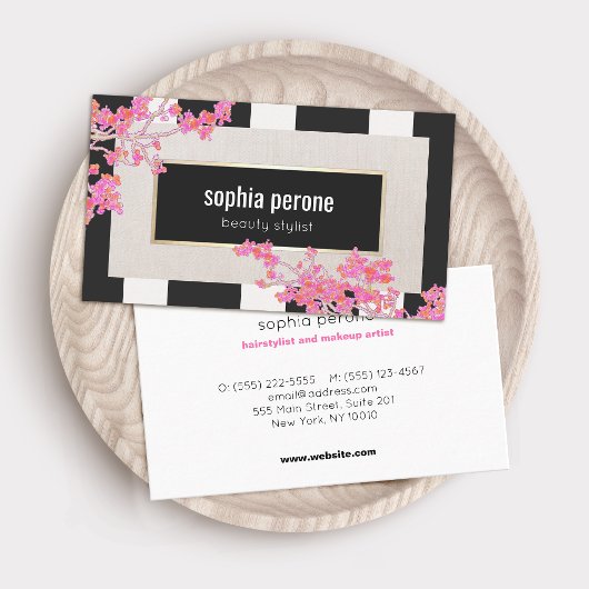 Moderne roze Floral Black en White Stripes Salon Visitekaartje