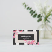 Moderne roze Floral Black en White Stripes Salon Visitekaartje (Staand voorkant)