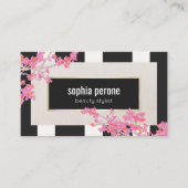 Moderne roze Floral Black en White Stripes Salon Visitekaartje (Voorkant)