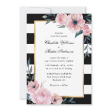 Moderne roze Floral Black Striped Wedding