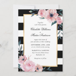 Moderne roze Floral Black Striped Wedding Kaart