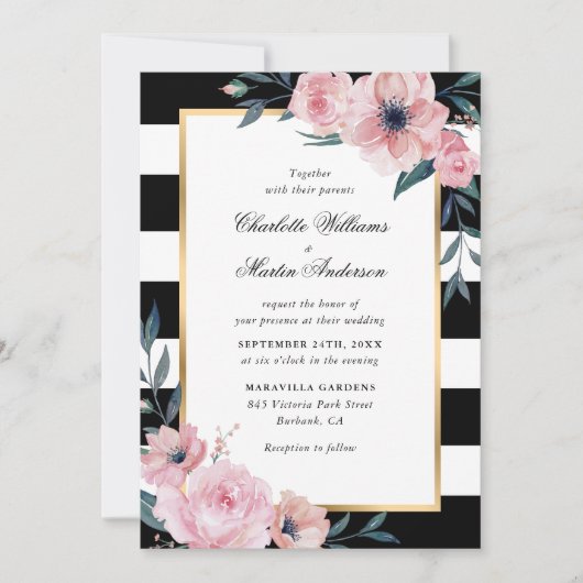 Moderne roze Floral Black Striped Wedding Kaart (Voorkant)