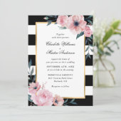 Moderne roze Floral Black Striped Wedding Kaart (Staand voorkant)