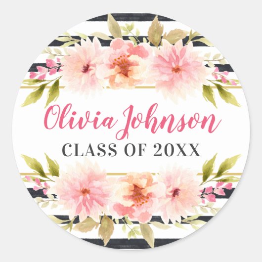Moderne roze Floral Black Stripes - Aangepast Afst Ronde Sticker (Voorkant)