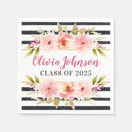 Moderne roze Floral Black Stripes - Aangepast Afst Servet (Voorkant)