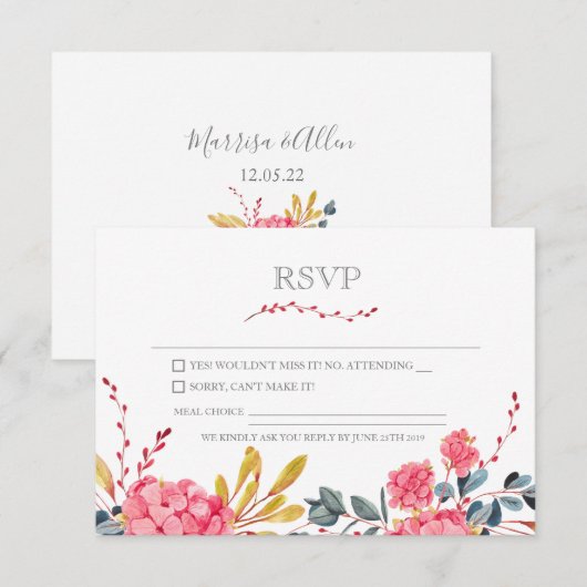 Moderne roze Floral  RSVP-kaart RSVP Kaartje (Voorkant / Achterkant)
