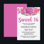 Moderne roze Floral Waterverf 16 zondag Kaart<br><div class="desc">Heldere roze bloemen staan centraal in dit moderne bloemontwerp. Zoete 16 wordt hieronder in een groot decoratief roze lettertype geschreven. De rest van de tekst is in eenvoudige zwarte bloktekst. Het maakt het voor gasten gemakkelijk om het hete roze uit te lezen en uit te balanceren dat elders op het...</div>