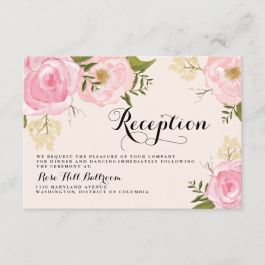 Moderne  roze Floral Wedding Reception Card Informatiekaartje (Voorkant)