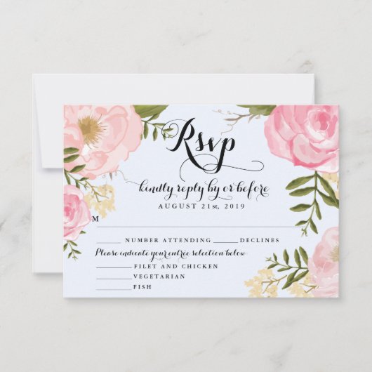 Moderne  roze Floral Wedding RSVP-kaart RSVP Kaartje (Voorkant)