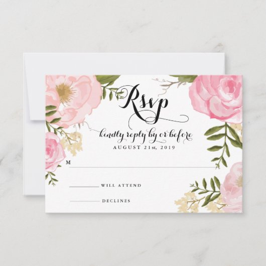Moderne  roze Floral Wedding RSVP-kaart RSVP Kaartje (Voorkant)