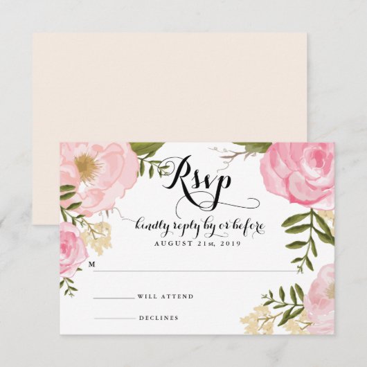 Moderne  roze Floral Wedding RSVP-kaart RSVP Kaartje (Voorkant / Achterkant)