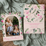 Moderne Roze Foliage Arch Vrolijk Kerstfeest 1 Fot Feestdagenkaart<br><div class="desc">Dit collectie is voorzien van waterverf felroze bloemblaadjes,  bessen & wintergroen met een moderne en elegante typografie,  met een winterbotanische patroonrug.</div>