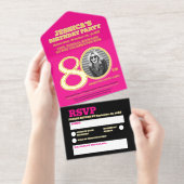Moderne roze folie twee foto's 80e verjaardag all in one uitnodiging (Uittrekbaar)