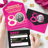 Moderne roze folie twee foto's 80e verjaardag all in one uitnodiging