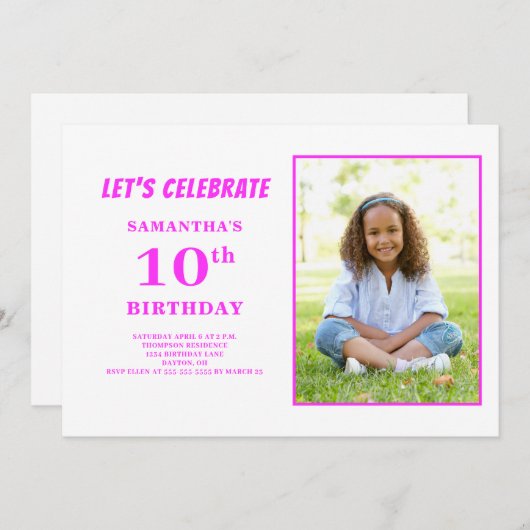 Moderne roze foto 10e verjaardag kaart (Voorkant / Achterkant)