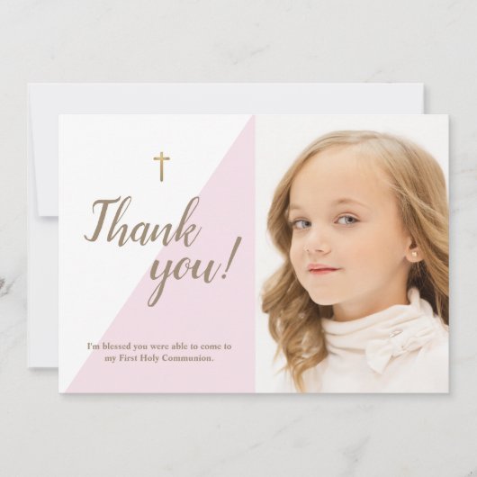 Moderne roze foto 1e Heilige Communie Dank je Bedankkaart (Voorkant)