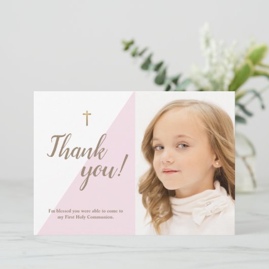 Moderne roze foto 1e Heilige Communie Dank je Bedankkaart (Staand voorkant)