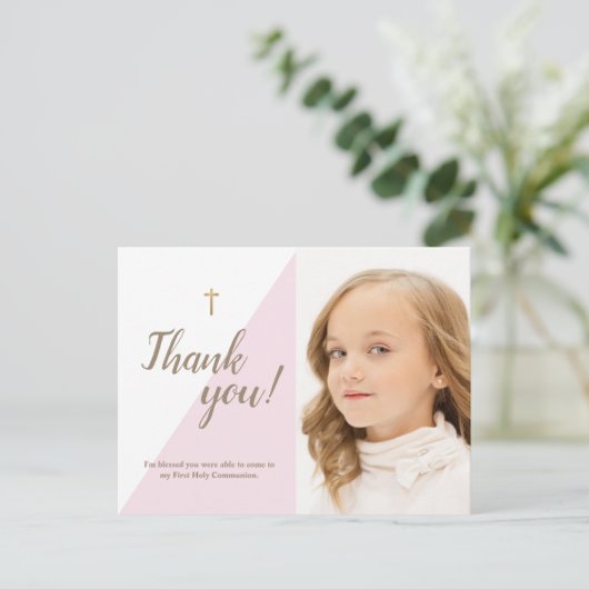 Moderne roze foto 1e Heilige Communie Dank je Briefkaart (Staand voorkant)