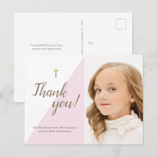 Moderne roze foto 1e Heilige Communie Dank je Briefkaart (Voorkant / Achterkant)