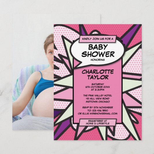 Moderne Roze Foto Stripboek Baby Shower Sprinkle Uitnodiging Briefkaart (Voorkant / Achterkant)