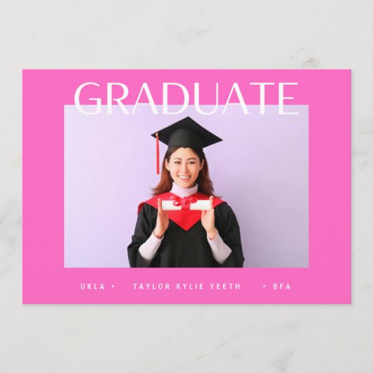 moderne, roze foto van de universiteit afstuderen aankondiging (Voorkant)