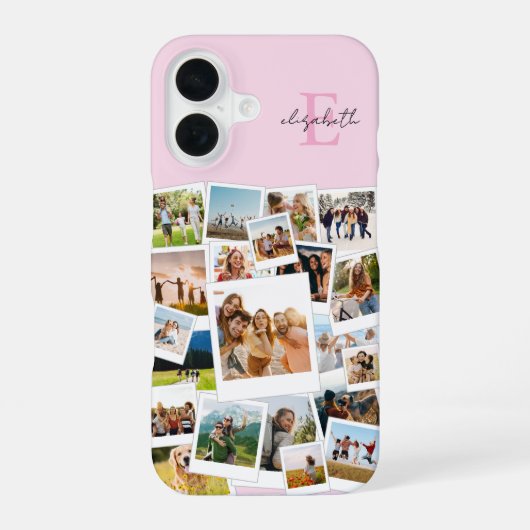 Moderne Roze Fotocollage Monogram iPhone 16 Hoesje (Achterkant)