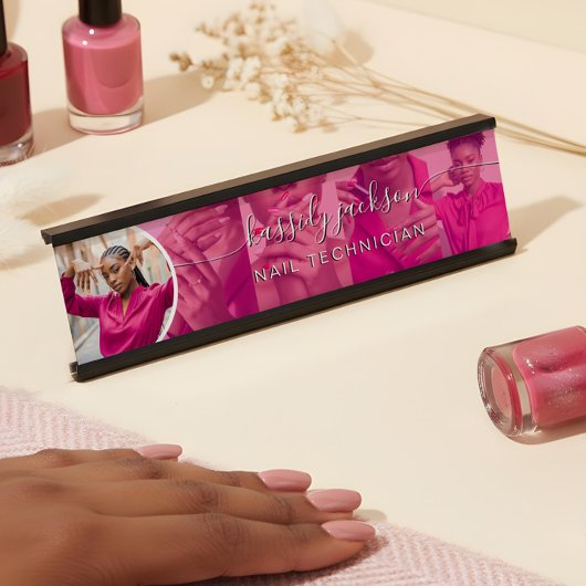 Moderne Roze Fotocollage Script Kalligrafie Naam Bureau Naambordje