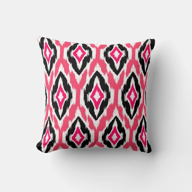 Moderne roze fuchsia black Ikat Tribal Pattern 1a Kussen (Voorkant)