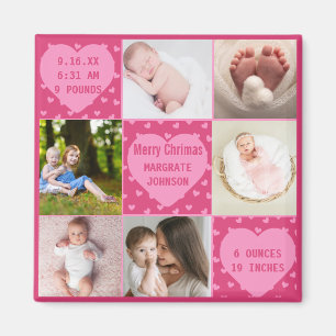 Moderne roze geboortekaart voor babymeisje met 6 f magneet