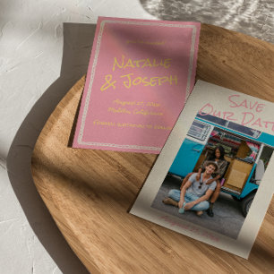 Moderne Roze Geel Kleurrijk Pastel Foto Bruiloft Save The Date