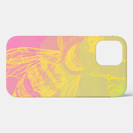 Moderne roze gele bij en monogram Case-Mate iPhone case (Achterkant (horizontaal))